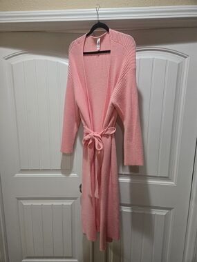 AMADI of Anthropologie Women's Pink Ribbed Knit Sweater Coat w/ Belt Size L EUC